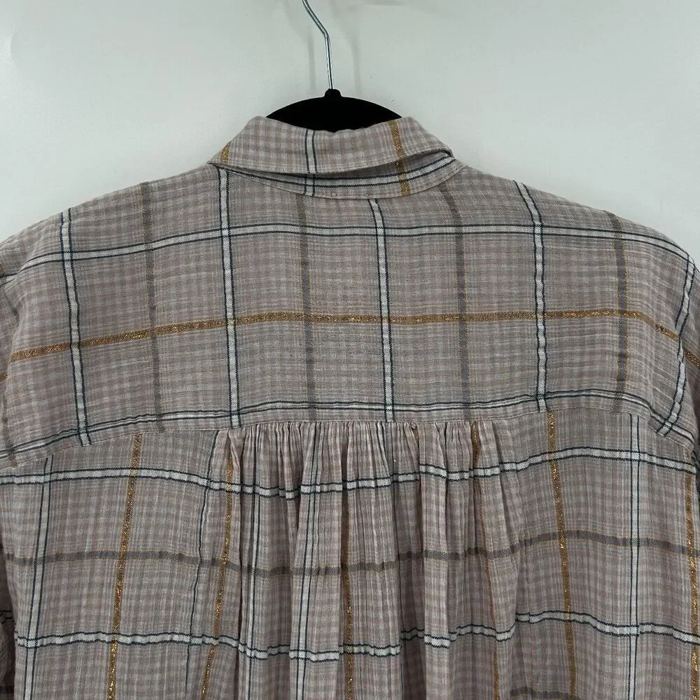 FREE PEOPLE Pink Rose Gold Metallic Plaid Oversized Gauzy Button Up Shirt XS